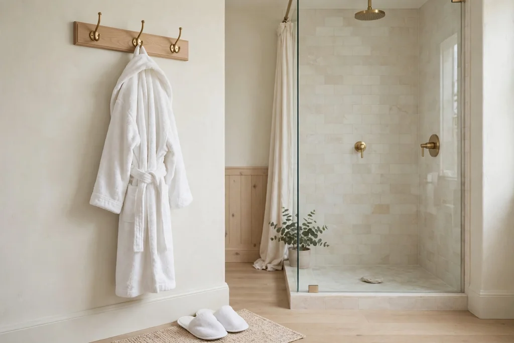 Bathrobe hook station with a plush robe and slippers beside a shower.