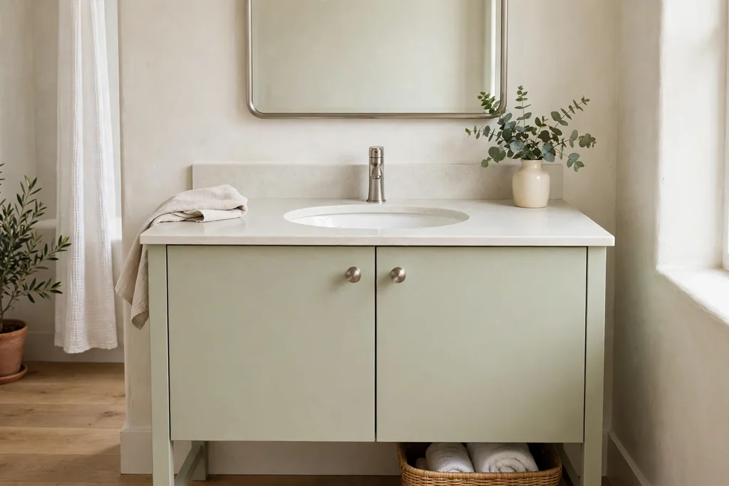 Pale sage green bathroom vanity with brushed nickel knobs and a pale countertop.