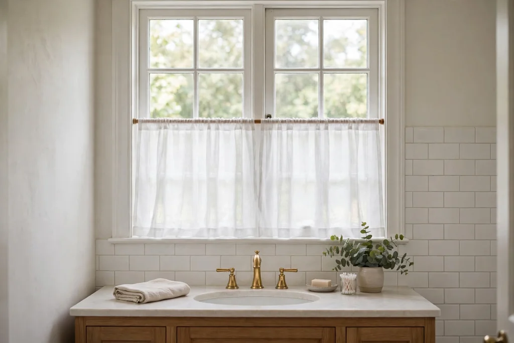 Bathroom window with a sheer cafe curtain across its lower half.