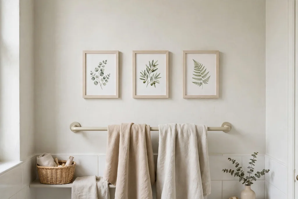 Small group of soft botanical art prints in pale frames above a towel rail.