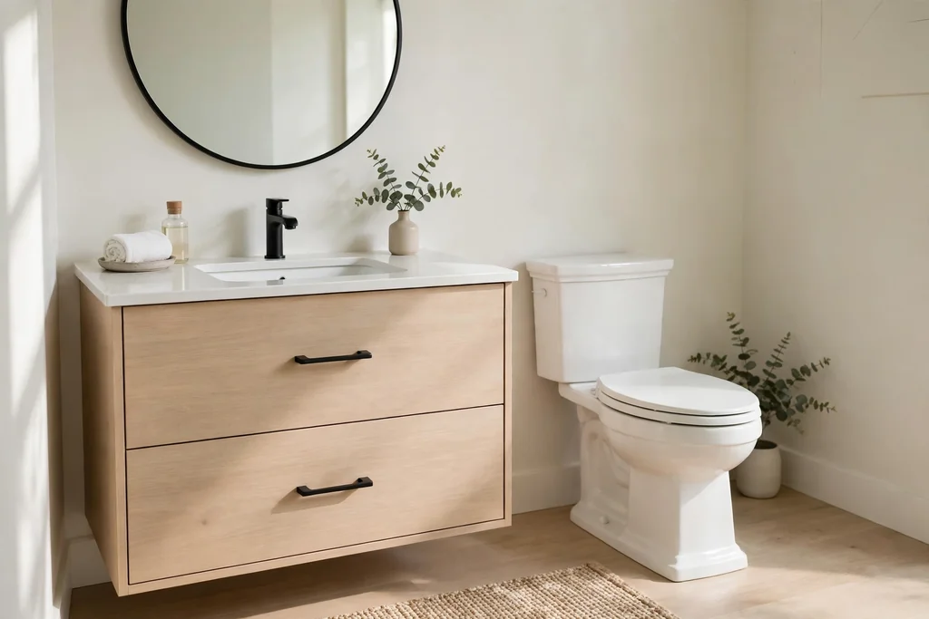 Bathroom vanity with soft close drawers and a soft close toilet seat.