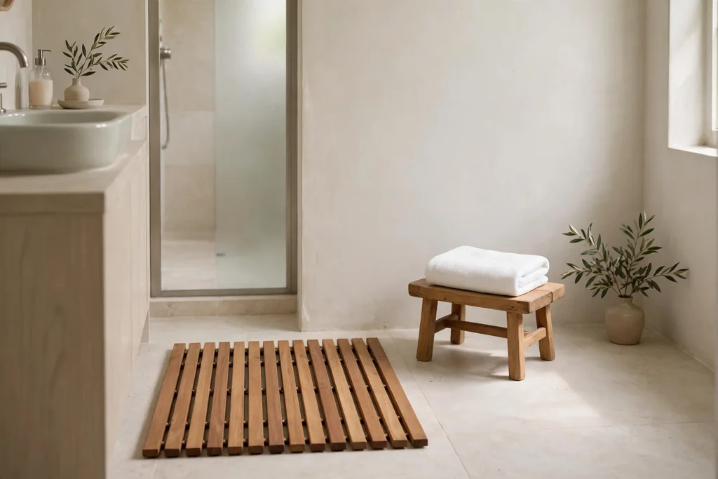 Teak bath mat and a small wooden stool with a folded towel in a bathroom.