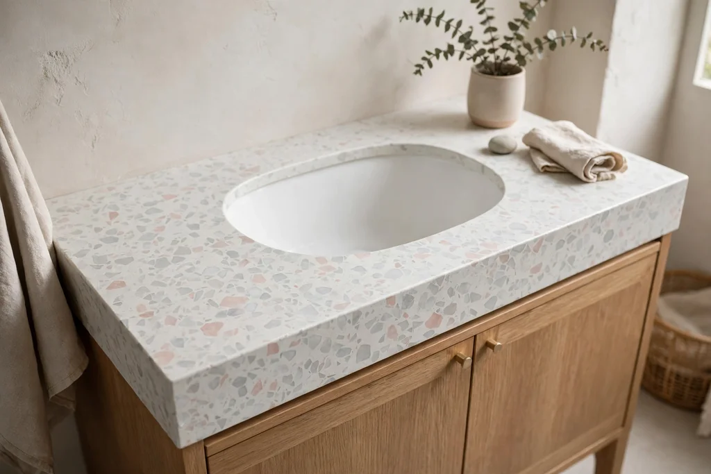 Pale terrazzo vanity top with soft grey and blush stone chips.