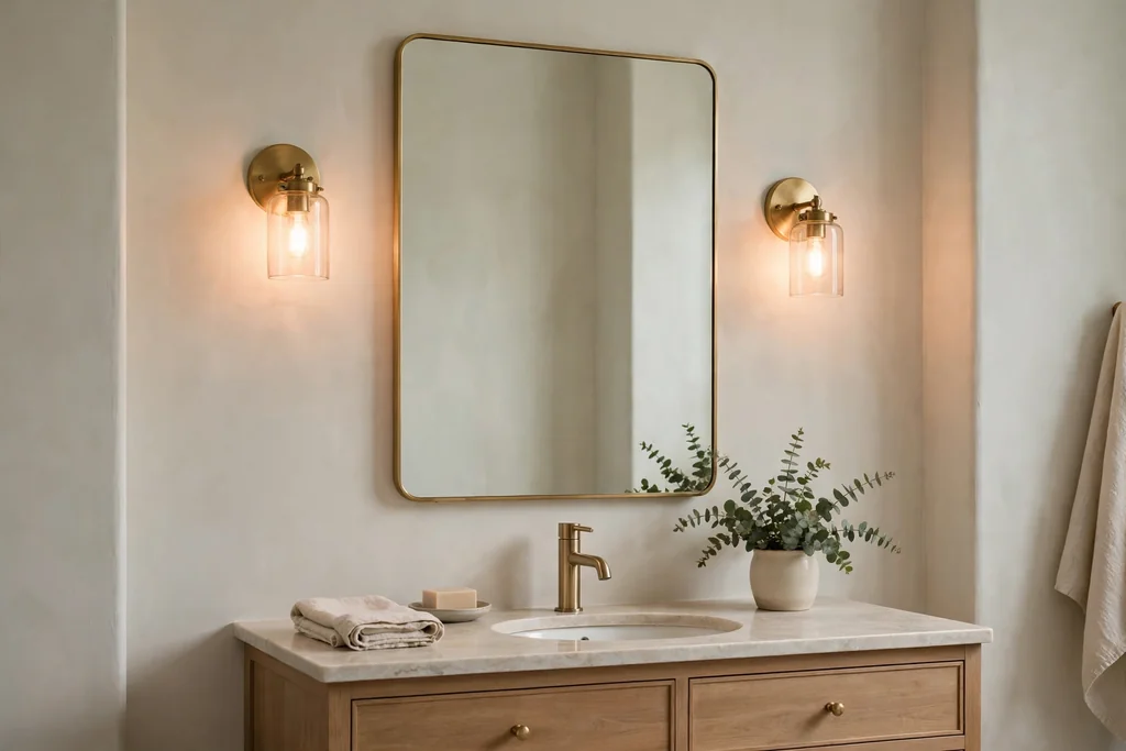 Bathroom mirror with warm sconces on either side casting soft light.