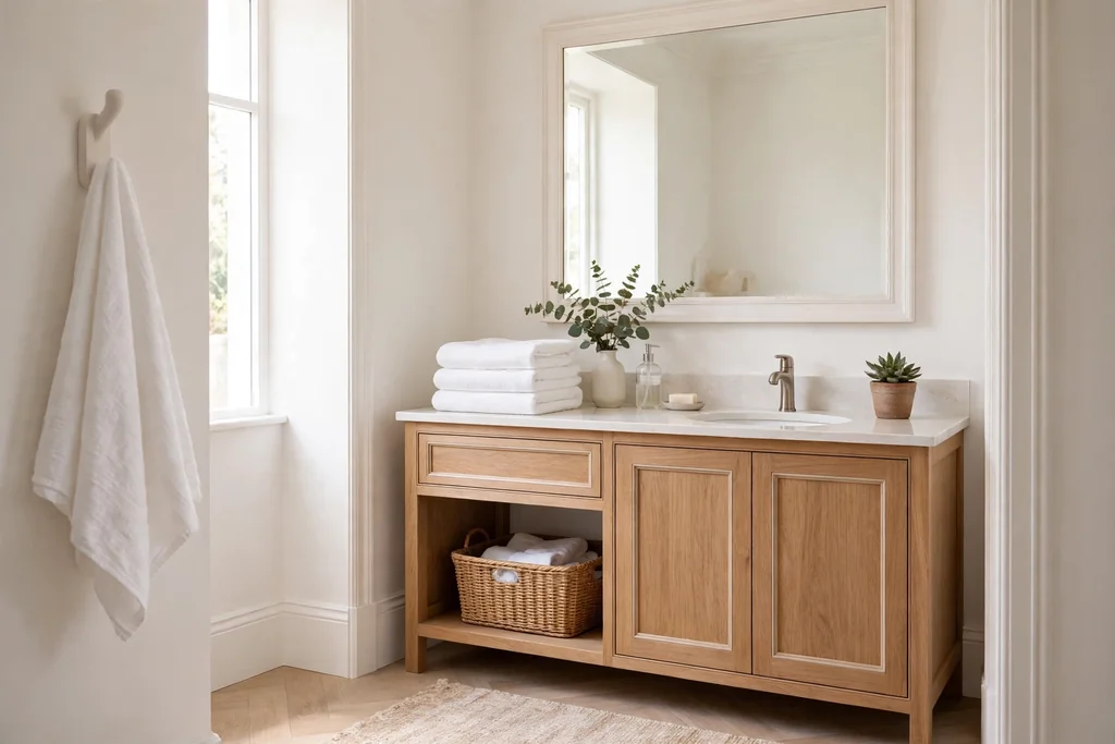 Bathroom with warm white walls, soft white trim, and folded white towels.