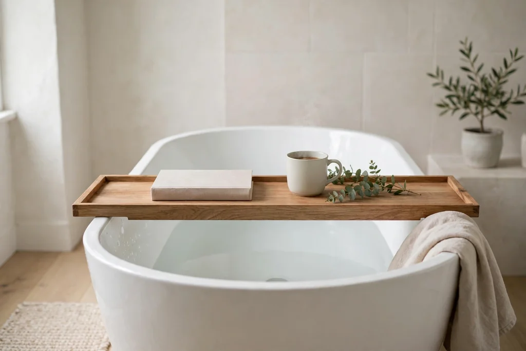 Wooden bath tray across a bathtub holding a book and a cup.