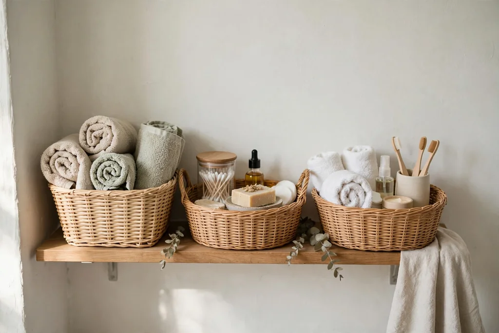 Woven baskets holding toiletries and rolled towels on a bathroom shelf.