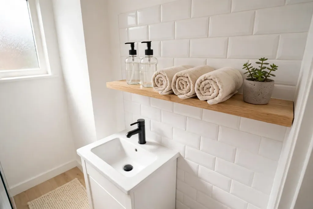 Tidy small apartment bathroom with a wall shelf, matching soap dispensers and rolled towels.