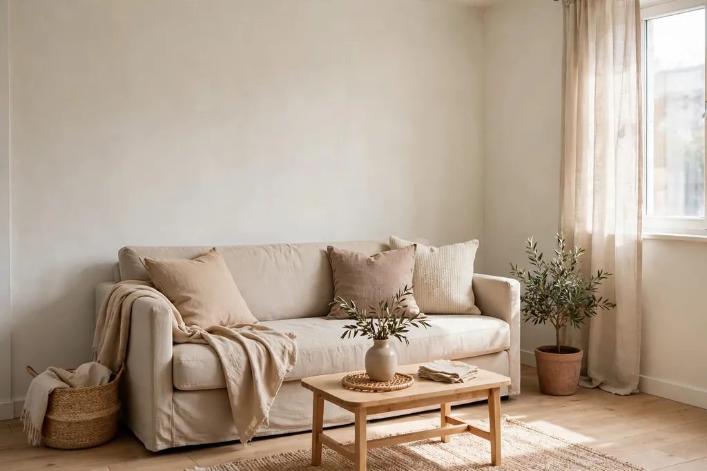 Small apartment living room with a calm warm neutral base, plain sofa and light wood floor.