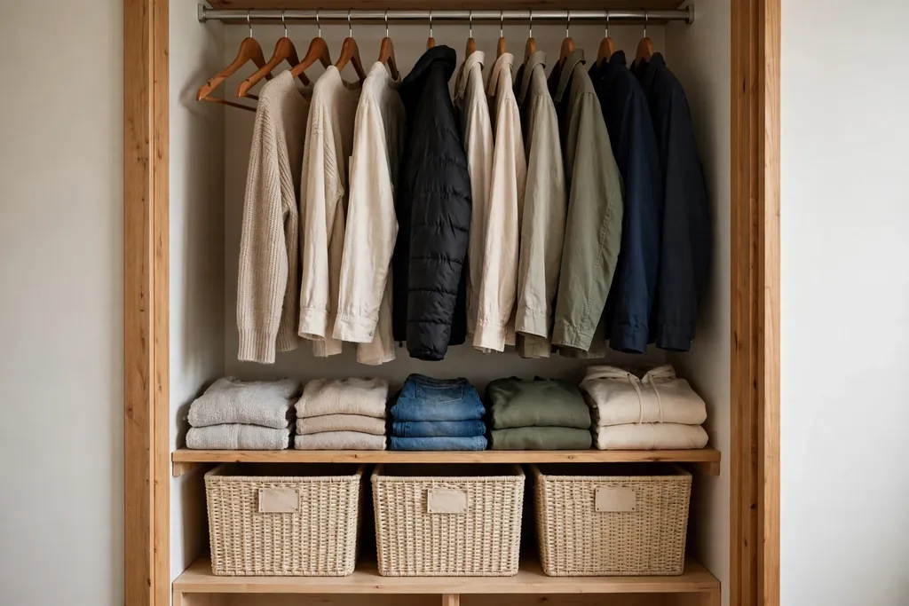 Organized small apartment closet with matching hangers, folded items and labeled storage bins.