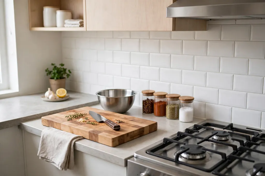 Small apartment kitchen prep zone with a cutting board, knife, mixing bowl and spice jars near the stove.