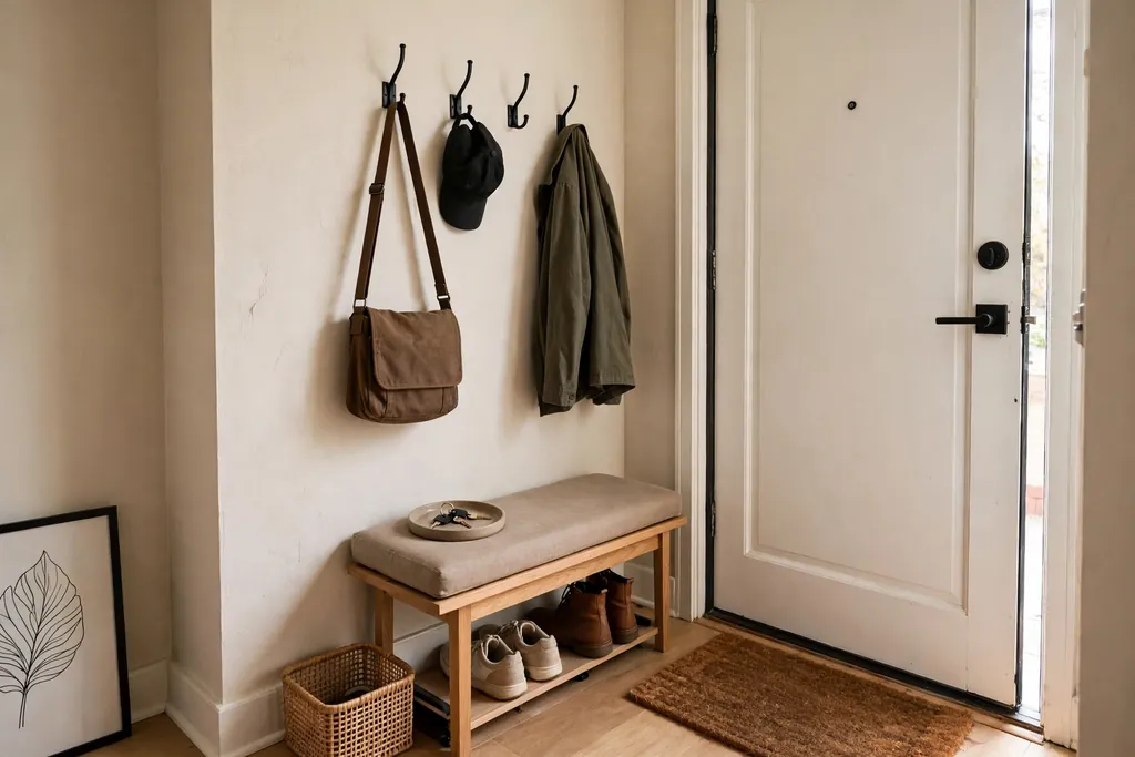 Small apartment entry landing zone with wall hooks, a tray for keys, a bench and a shoe mat.