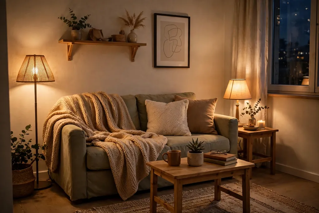 Small apartment living room in the evening lit by warm light from a floor lamp and a table lamp.