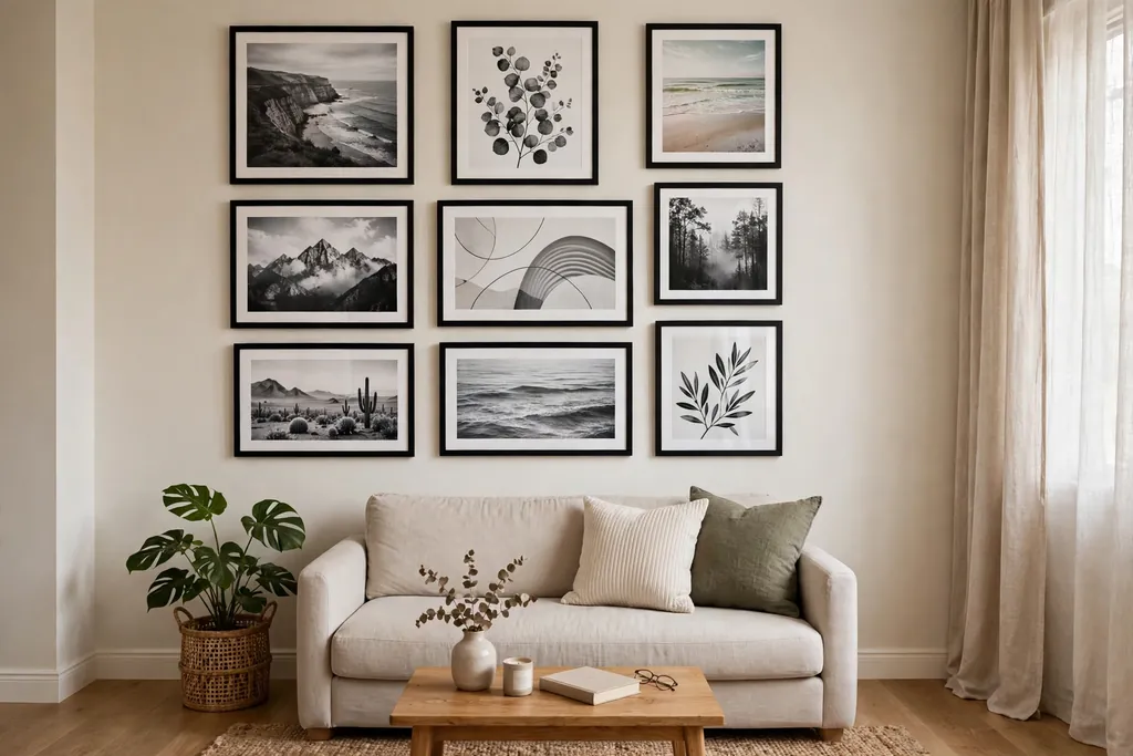 Apartment living room gallery wall of framed prints in matching black frames above a small sofa.