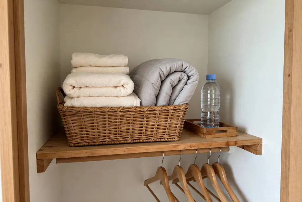 Small apartment closet shelf with a guest ready basket holding clean towels and spare bedding.