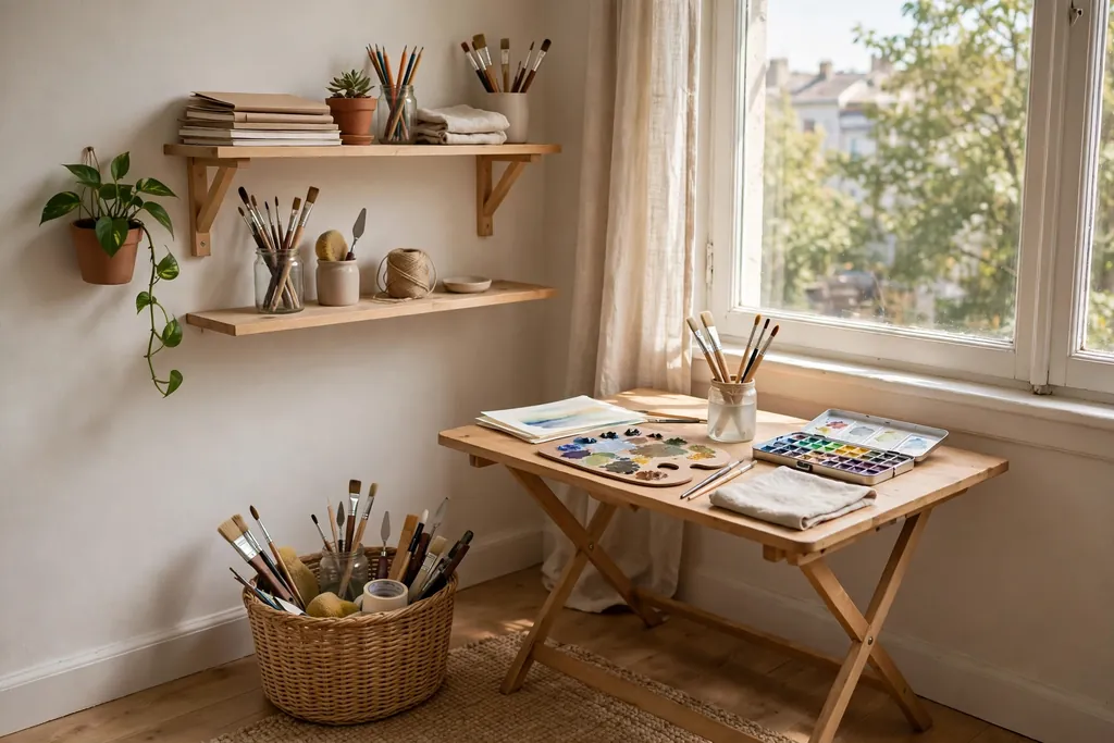 Small apartment hobby corner near a window with a folding table and painting supplies in a basket.