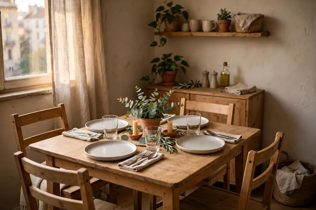 Small apartment dining table set for four friends with simple plates and glasses.