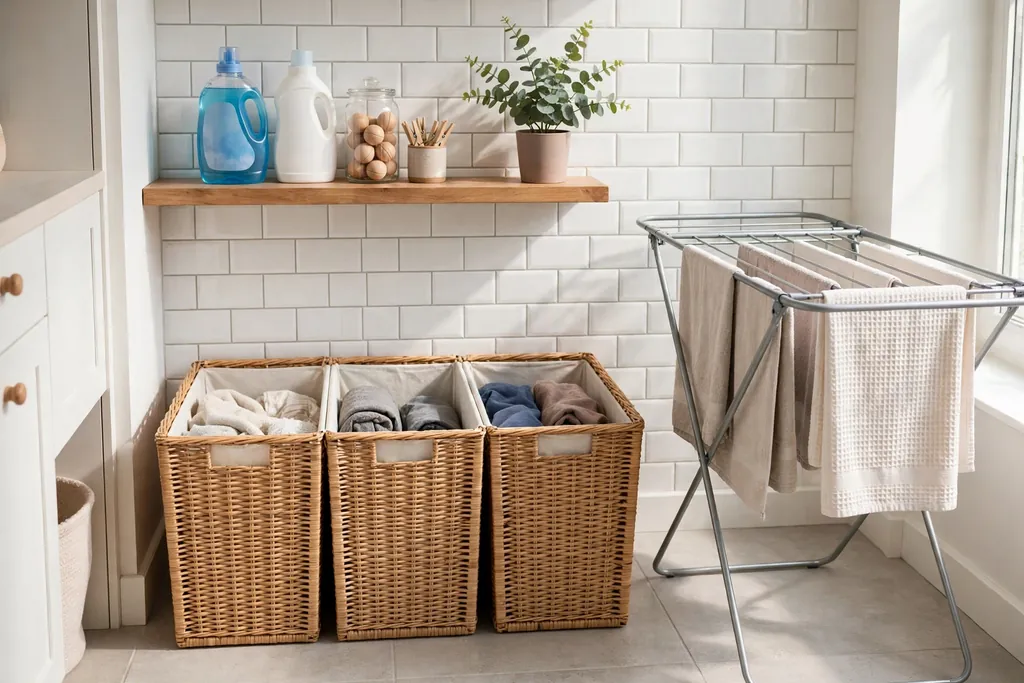 Apartment laundry corner with divided hampers, detergent on a shelf and a folding drying rack.