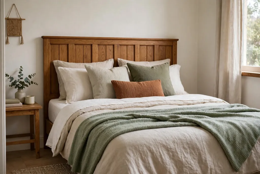 Neatly made bed in a small apartment bedroom with layered bedding, a throw and a wooden headboard.