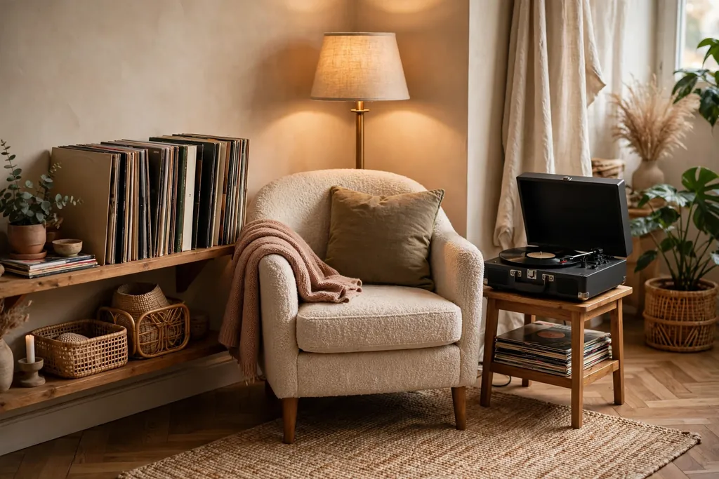 Cozy apartment listening corner with a chair, a record player on a small stand and records on a shelf.