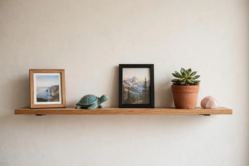 Apartment wall shelf with personal keepsakes, framed photos, a travel souvenir and a small plant.