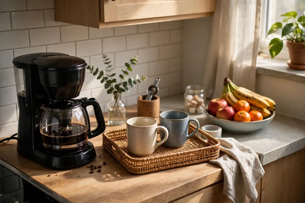 Small apartment kitchen counter morning coffee station with a coffee maker, mugs and a fruit bowl.