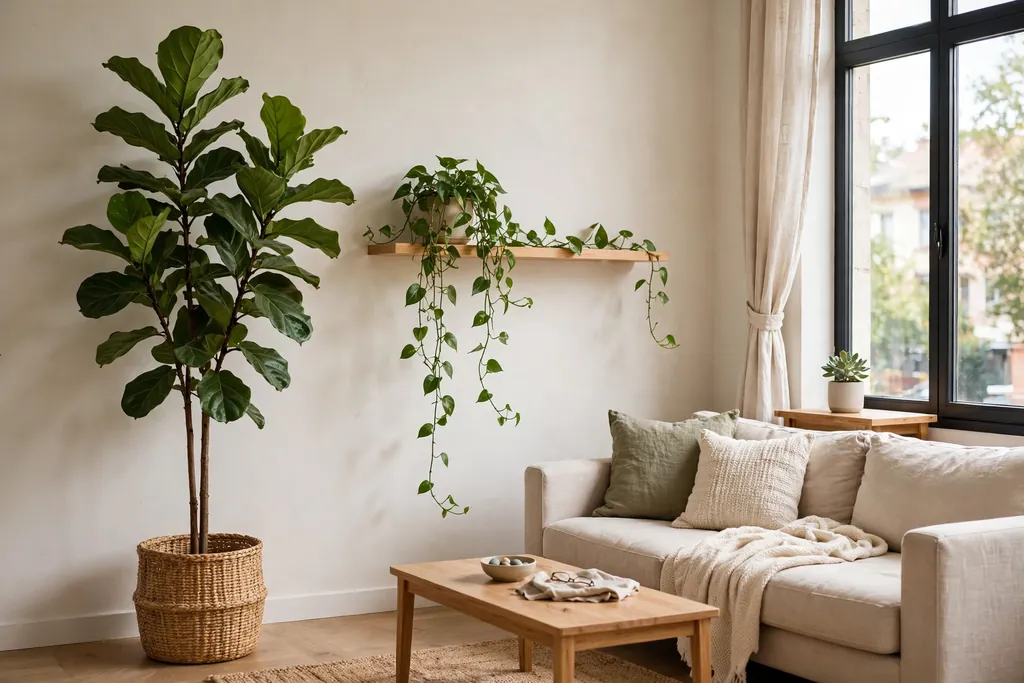 Apartment living room with houseplants at three heights by a window.