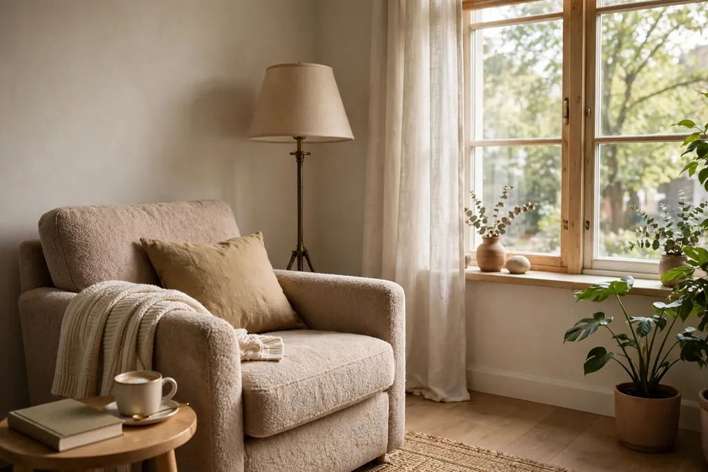 Cozy apartment reading corner by a window with an armchair, floor lamp and side table with a book.