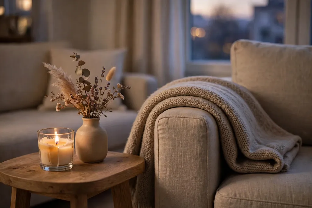 Apartment side table with a lit candle, dried flowers and a folded throw in soft evening light.