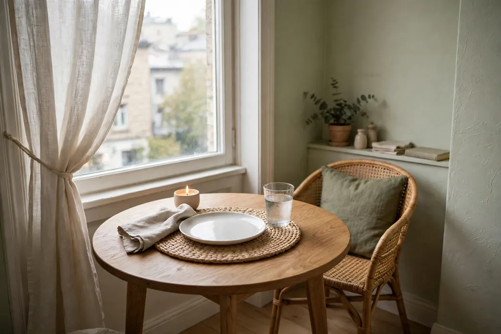Small apartment dining nook with a round table set for one person by a window.