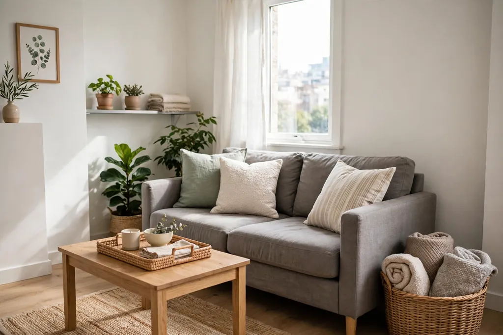 Tidy small apartment living room after a weekly reset with a clear coffee table and a basket for throws.