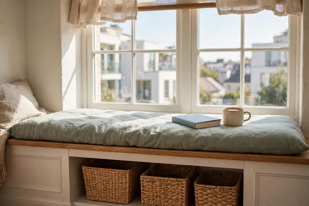 Apartment window seat bench with a cushion, a book and baskets underneath beside a bright window.