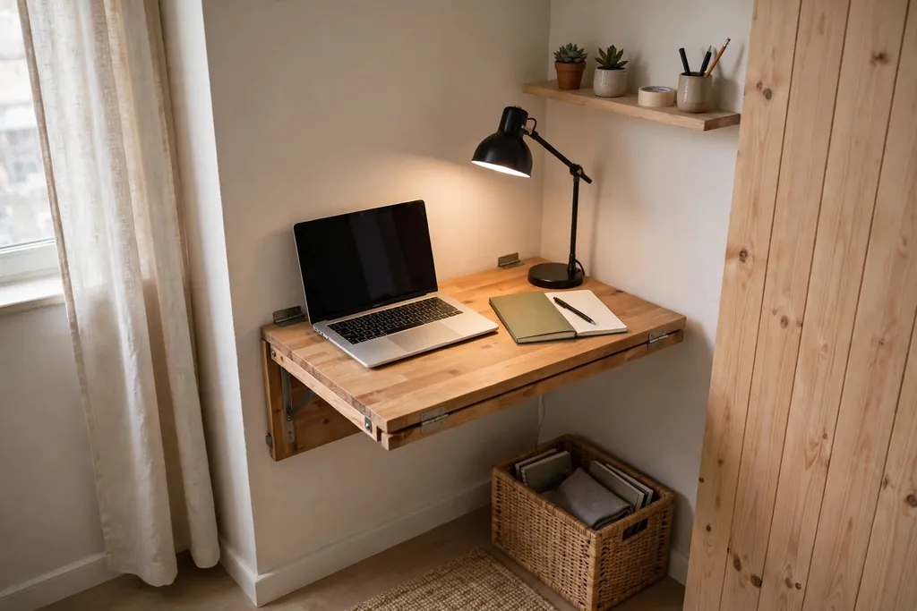 Small apartment work corner with a fold down wall desk, laptop and task lamp.