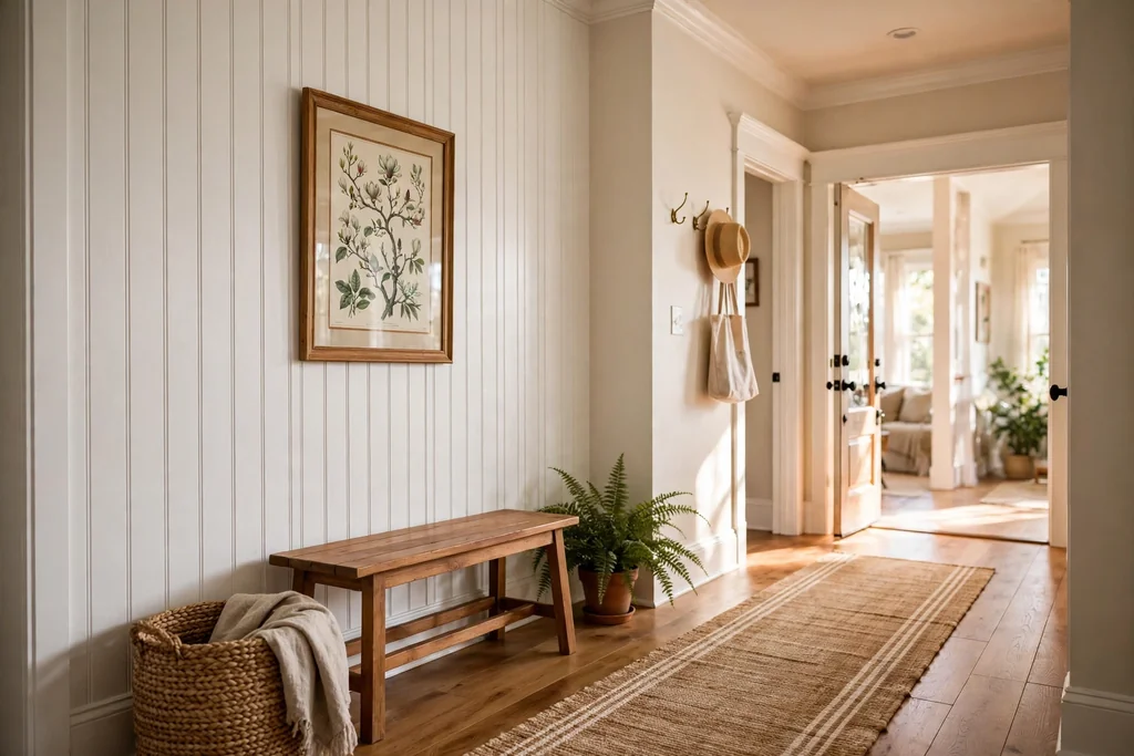 Southern entry hallway with one white beadboard accent wall, a wood bench, and a woven basket.