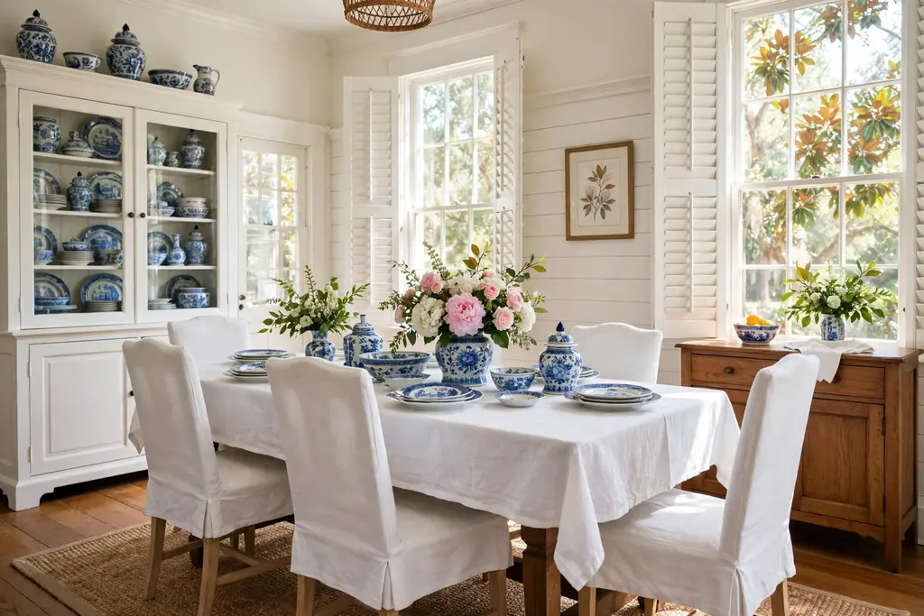 Classic Southern dining room with blue and white porcelain, a wood table, and fresh flowers.