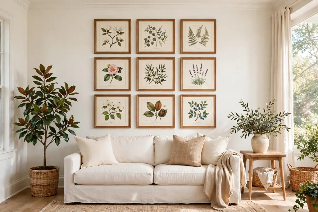 Southern living room wall with botanical prints in matching wood frames above a cream sofa.
