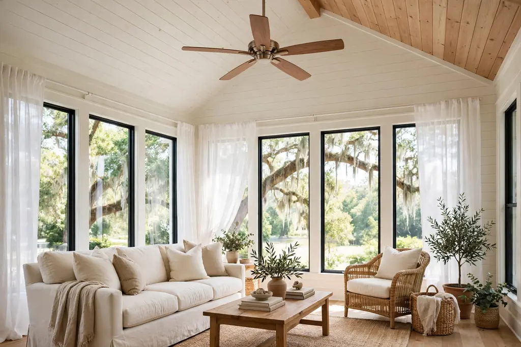 Airy Southern living room with a wood blade ceiling fan, high ceiling, and tall windows.