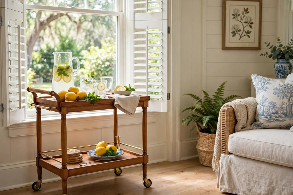 Southern living room corner with a wood bar cart set with a glass pitcher, glasses, and lemons.
