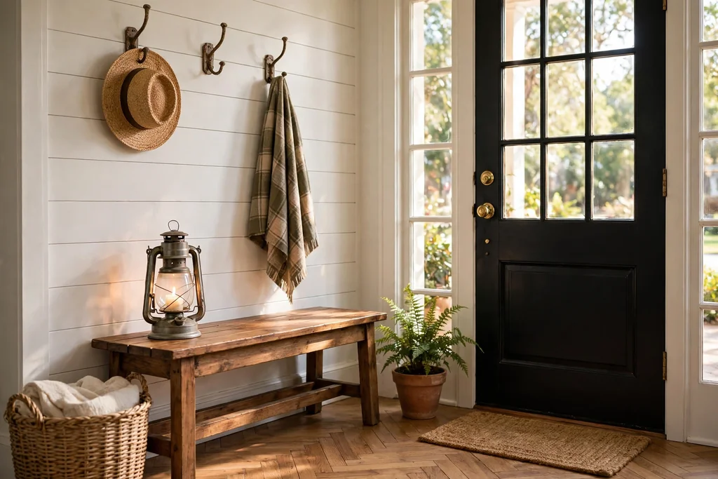 Welcoming Southern entryway with a wood bench, woven basket, wall hooks, and a lantern.