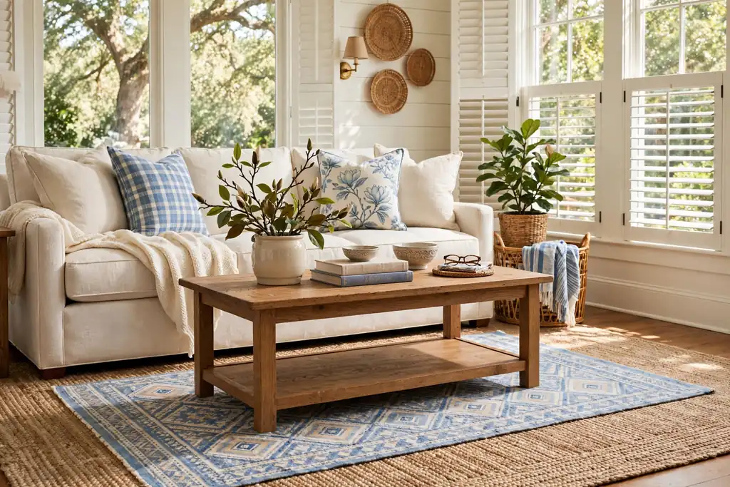 Southern seating area with a flat jute rug layered under a smaller patterned cotton rug.