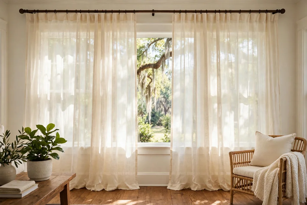 Bright Southern window with sheer cream linen curtains hung high and wide on a dark wood rod.