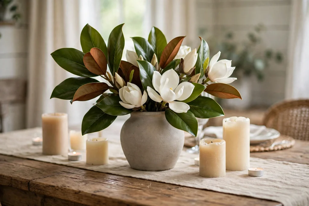 Southern dining table centerpiece of fresh magnolia leaves and white blooms in a stoneware vase.