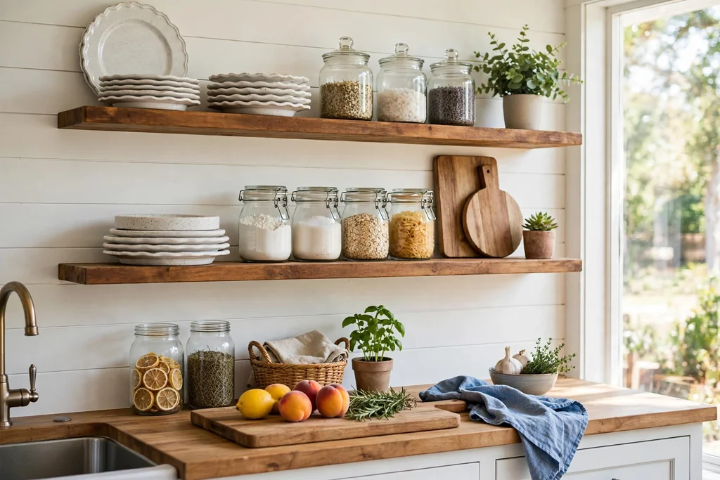 Southern kitchen with open wood shelves styled with white ironstone plates and wood boards.