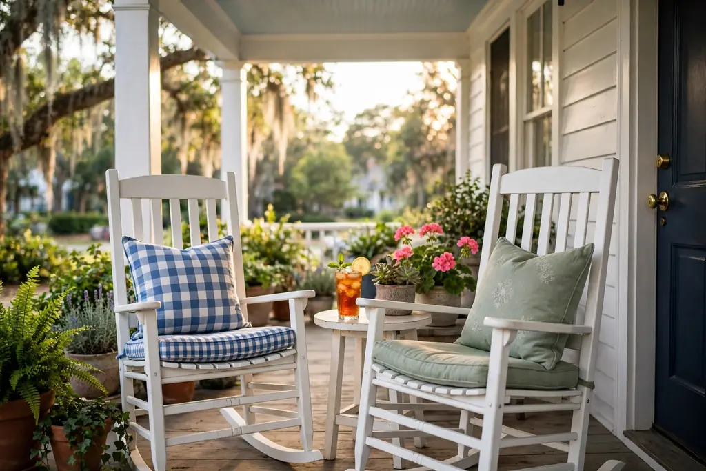 Welcoming Southern front porch with two white wooden rocking chairs, cushions, and potted plants.