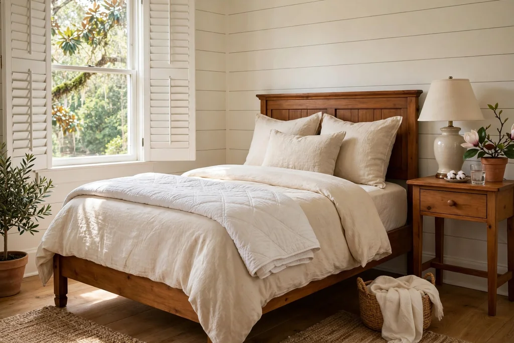Cozy Southern bedroom with a white cotton quilt folded at the foot of a wood bed.