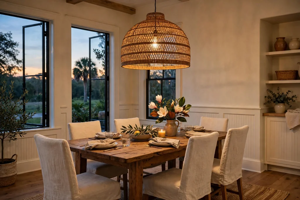 Warm Southern dining room with a large woven rattan pendant light over a wood table.