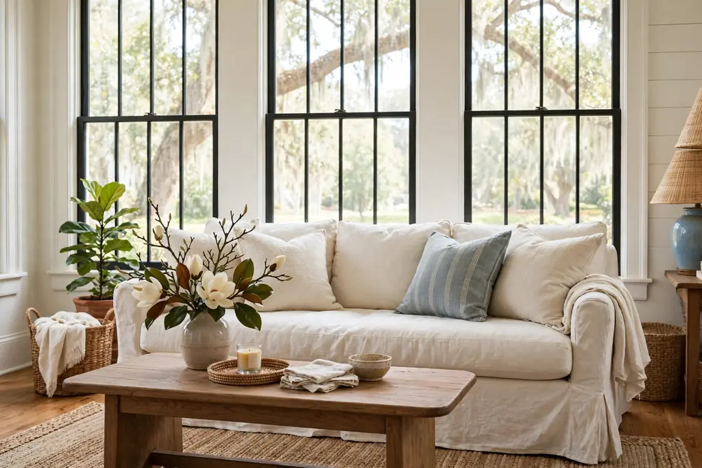 Relaxed Southern living room with a cream linen slipcovered sofa, soft cushions, and a jute rug.