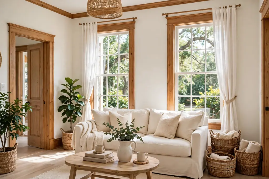 Bright Southern living room with warm white walls, natural wood trim, light wood floors, and a cream sofa.