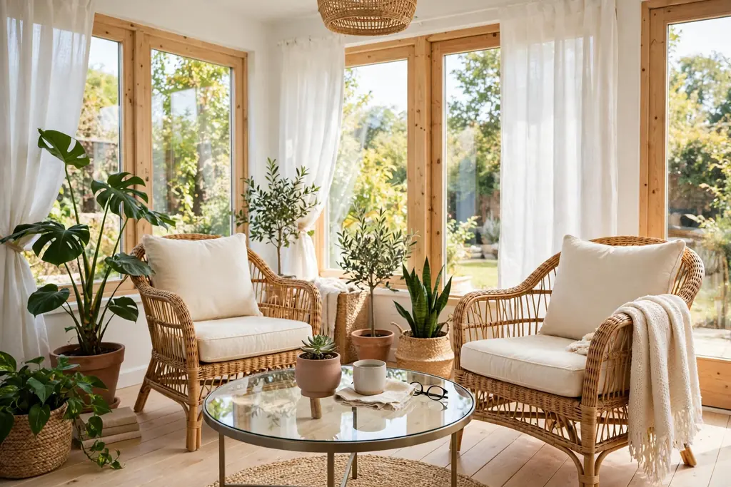 Sunroom with natural wicker and rattan chairs with cream cushions and potted plants.
