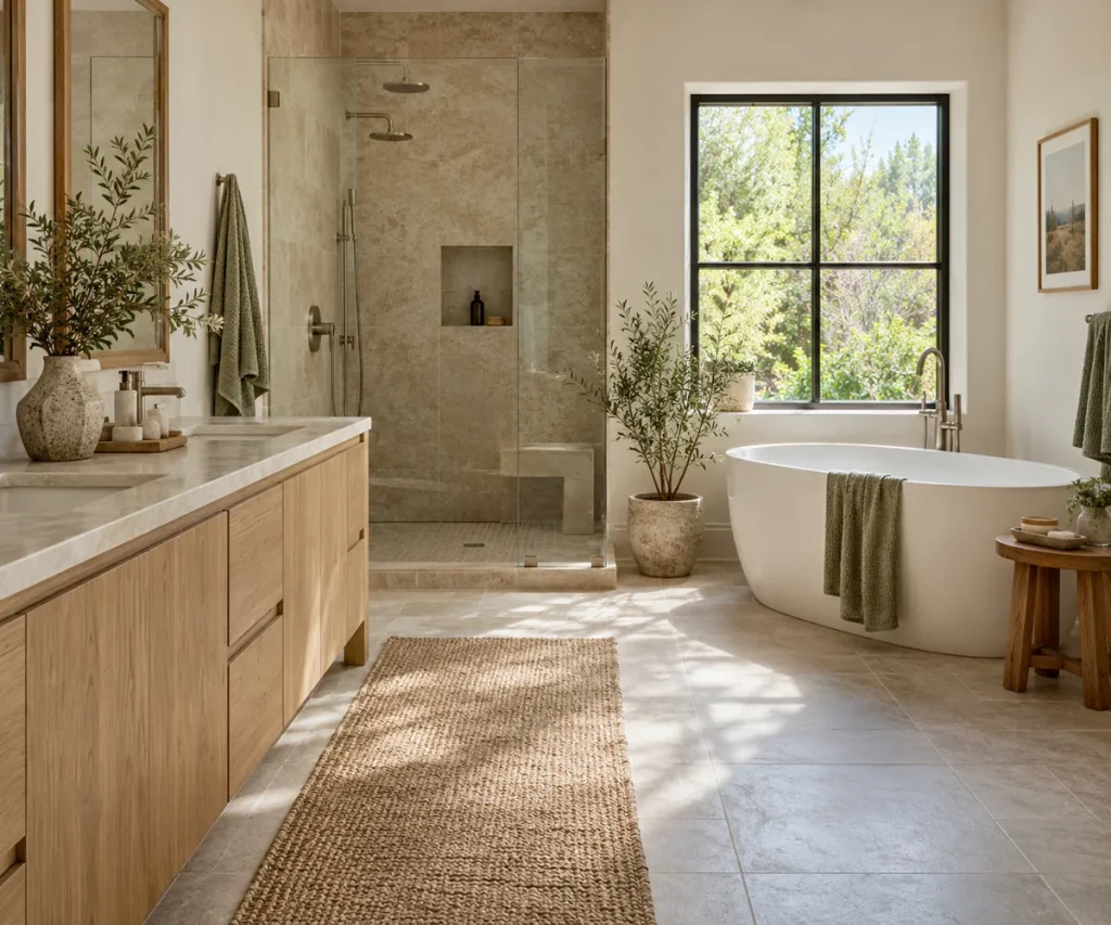 Bathroom with pale tile, light wood, and neatly arranged neutral textiles.